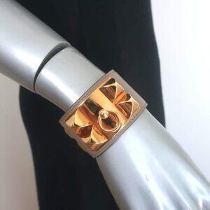 Hermes Collier de Chien PM Cuff Bracelet Taupe Leather Rose Gold Hardware